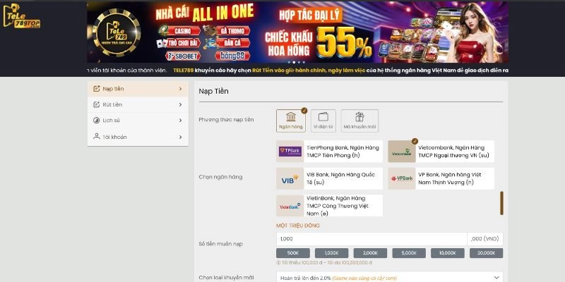 Quy trình nạp tiền thông qua ngân hàng tại Tele789